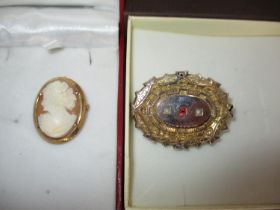 Victorian Pearl and Red Stone Locket Brooch along with a Cameo Pendant/Brooch
