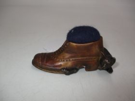 Bronzed Pin Cushion In The Form of a Boot with a Cat and Mouse