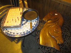 Jewel Boxes, Carved Wood Horse Plaque and a Le Creuset Frying Pan