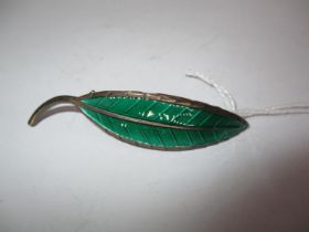 Norwegian Sterling Silver and Green Enamel Leaf Brooch