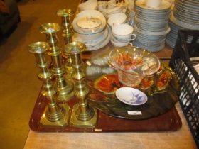 Two Pairs of Victorian Brass Candlesticks, Copenhagen Dish and 2 Glass Dishes