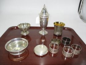 Selection of Silver including a Sugar Caster, 2 Dishes, Beaker, Compact and 5 Napkin Rings