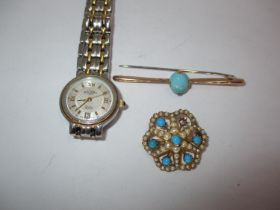 Turquoise and Seed Pearl Star Brooch (one turquoise missing), along with a Turquoise Bar Brooch (