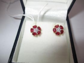 18ct Gold Ruby and Diamond Cluster Earrings, 2.8g