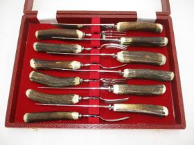 Cased Set of 6 Horn Handle Steak Knives and Forks