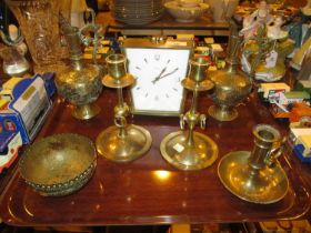 Pair of Brass Ewers, Other Brass and a Clock