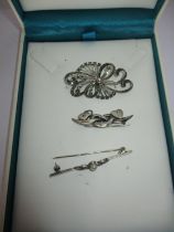 Silver Love Knot Brooch and 2 Marcasite Brooches