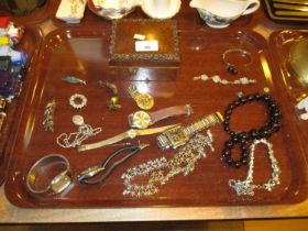 Burr Wood Box, Silver and Other Jewellery and Watches