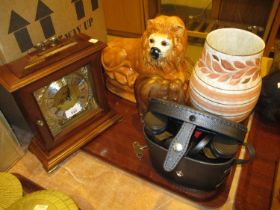 Victorian Pottery Lion, Crown Ducal Vase, Carved Elephant, Clock and Binoculars