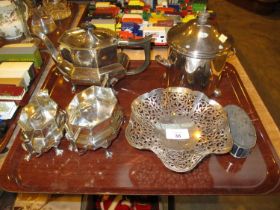 Silver Plated 3 Piece Tea Service, Comport, Biscuit Box and Pin Cushion