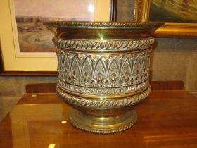 Eastern Embossed Brass Jardinière, 33cm high, 37cm diameter