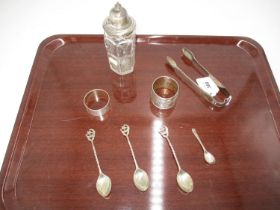 Silver including 2 Napkin Rings, Sugar Tongs, 3 Eastern Spoons, Salt Spoon and a Silver Top Glass