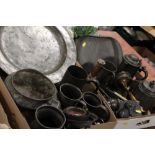 TWO TRAYS OF VINTAGE PEWTER ETC TO INC TANKARDS, CHARGER ETC