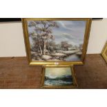 TWO GILT FRAMED OIL ON CANVAS OF A RIVER SCENE AND A ROCKY COASTAL ROAD