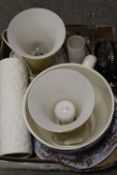 A TRAY OF ASSORTED GLASS AND CERAMICS TO INC A LARGE NOVELTY CUP AND SAUCER