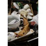 TWO TRAYS OF ASSORTED CERAMICS AND SUNDRIES TO INC WOODEN SHOE LASTS, MONEY BANK ETC