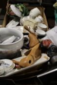 TWO TRAYS OF ASSORTED CERAMICS AND SUNDRIES TO INC WOODEN SHOE LASTS, MONEY BANK ETC