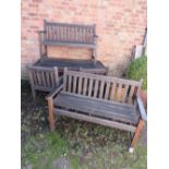 A SCANCRAFT PATIO TEAK TABLE WITH TWO BENCHES AND TWO ARMCHAIRS