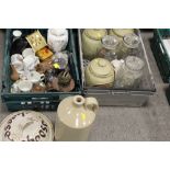 TWO TRAYS OF ASSORTED CERAMICS AND COLLECTABLES TO INCLUDE A COPPER PARAFFIN LANTERN IN THE FORM