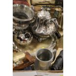 A TRAY OF SILVER PLATED WARE TO INCLUDE TO DESK TOP MODEL CANNON
