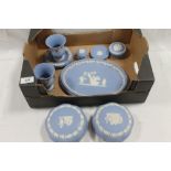 A SMALL TRAY OF WEDGWOOD BLUE JASPERWARE