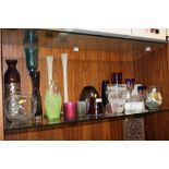 A LARGE COLLECTION OF STUDIO GLASS ETC TO INCLUDE VASES, CANDLE HOLDERS, WINE GLASSES ETC