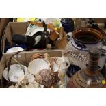 TWO TRAYS OF CERAMICS AND COLLECTABLES TO INCLUDE TREEN, BINOCULARS ETC