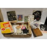 A BOX OF ASSORTED EPHEMERA ETC. TO INCLUDE A VINTAGE DESK TOP GUILLOTINE