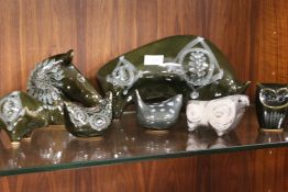 A COLLECTION OF VINTAGE MID CENTURY LOTUS CERAMICS TO INCLUDE A LARGE FIGURE OF BULL, STYLISED HORSE