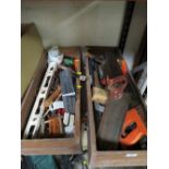 TWO WOODEN DRAWERS OF TOOLS TO INCLUDE SAWS ETC