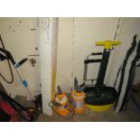 TWO SMALL SPRAYERS, SEEDER. TROLLEY, ELECTRIC STRIMMER, PARASOL ETC