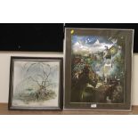 A CHROME EFFECT FRAMED AND GLAZED METALLIC MYSTICAL FAIRYLAND STYLE SCENE TOGETHER WITH AN UNUSUAL T