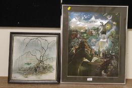 A CHROME EFFECT FRAMED AND GLAZED METALLIC MYSTICAL FAIRYLAND STYLE SCENE TOGETHER WITH AN UNUSUAL T