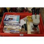 A QUANTITY OF STAMP COLLECTING ACCESSORIES TO INCLUDE MICROSCOPE, TOOLS ETC