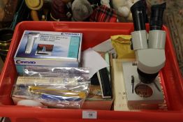 A QUANTITY OF STAMP COLLECTING ACCESSORIES TO INCLUDE MICROSCOPE, TOOLS ETC