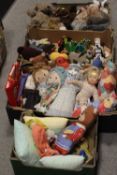 FOUR TRAYS OF ASSORTED VINTAGE TOYS COMPRISING WOODEN AND KNITTED EXAMPLES, CLOTH TOYS AND A BOX
