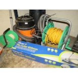 TWO INDUSTRIAL VACS, HOSE AND REEL, MEASURE AND TILE CUTTER