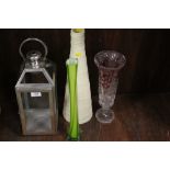 A SELECTION OF GLASS AND CERAMIC VASES ETC