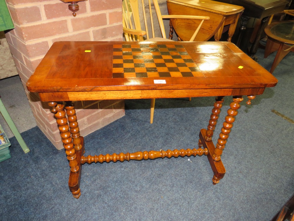 AN ANTIQUE WALNUT CHEQUERBOARD GAMES TABLE W-87 CM