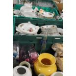 THREE TRAYS OF ASSORTED CERAMICS AND GLASS TO INCLUDE TEA AND COFFEE WARE TOGETHER WITH A TRAY OF