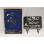 A VINTAGE PLAYERS ADVERTISING GOLF SIGN ' PLAYERS PLEASE TAKE CADDY CARS THIS WAY' TOGETHER WITH A