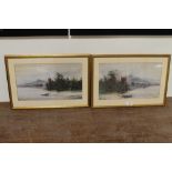 A PAIR OF GILT FRAMED AND GLAZED WATERCOLOURS OF LAKESIDE CASTLES BOTH SIGNED LOWER LEFT ONE DATED