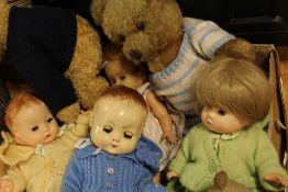 A TRAY OF VINTAGE DOLLS, TEDDY BEARS ETC T INCLUDE TY CURLY EXAMPLE