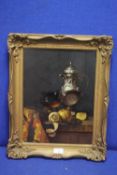 A GILT FRAMED OIL ON BOARD STILL LIFE PAINTED BY A MEMBER OF THE BUDAPEST ACADEMY BEARING TO THE