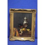 A GILT FRAMED OIL ON BOARD STILL LIFE PAINTED BY A MEMBER OF THE BUDAPEST ACADEMY BEARING TO THE