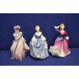 TWO ROYAL DOULTON FIGURINES 'MELISSA' AND 'HILARY' TOGETHER WITH A ROYAL WORCESTER FIGURINE '
