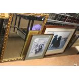 TWO FRAMED PRINTS DEPICTING DOGS, TOGETHER WITH A MIRROR