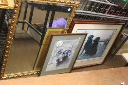 TWO FRAMED PRINTS DEPICTING DOGS, TOGETHER WITH A MIRROR