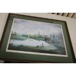 A FRAMED AND GLAZED PRINT TITLED "A VIEW IN ROTHERHAM IN 1828" 66 CM X 54 CM