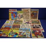 A COLLECTION OF COMICS TO INCLUDE MARVEL, TARZAN, RUPERT WEEKLY, MICKEY MOUSE, ETC